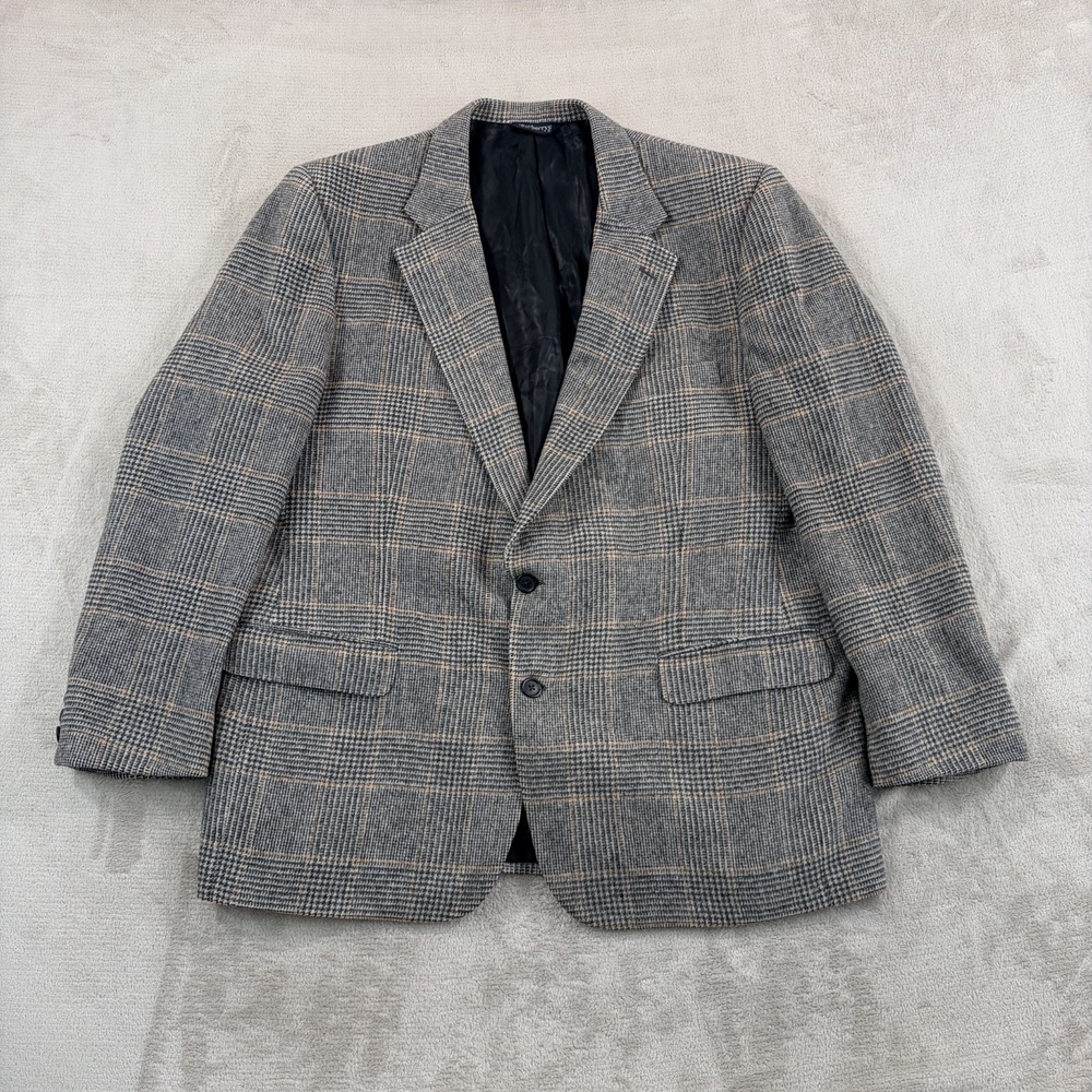 Vintage Burberrys 100% Camel Hair Blazer Sport Coat 46R Glen Check Grey USA Made
